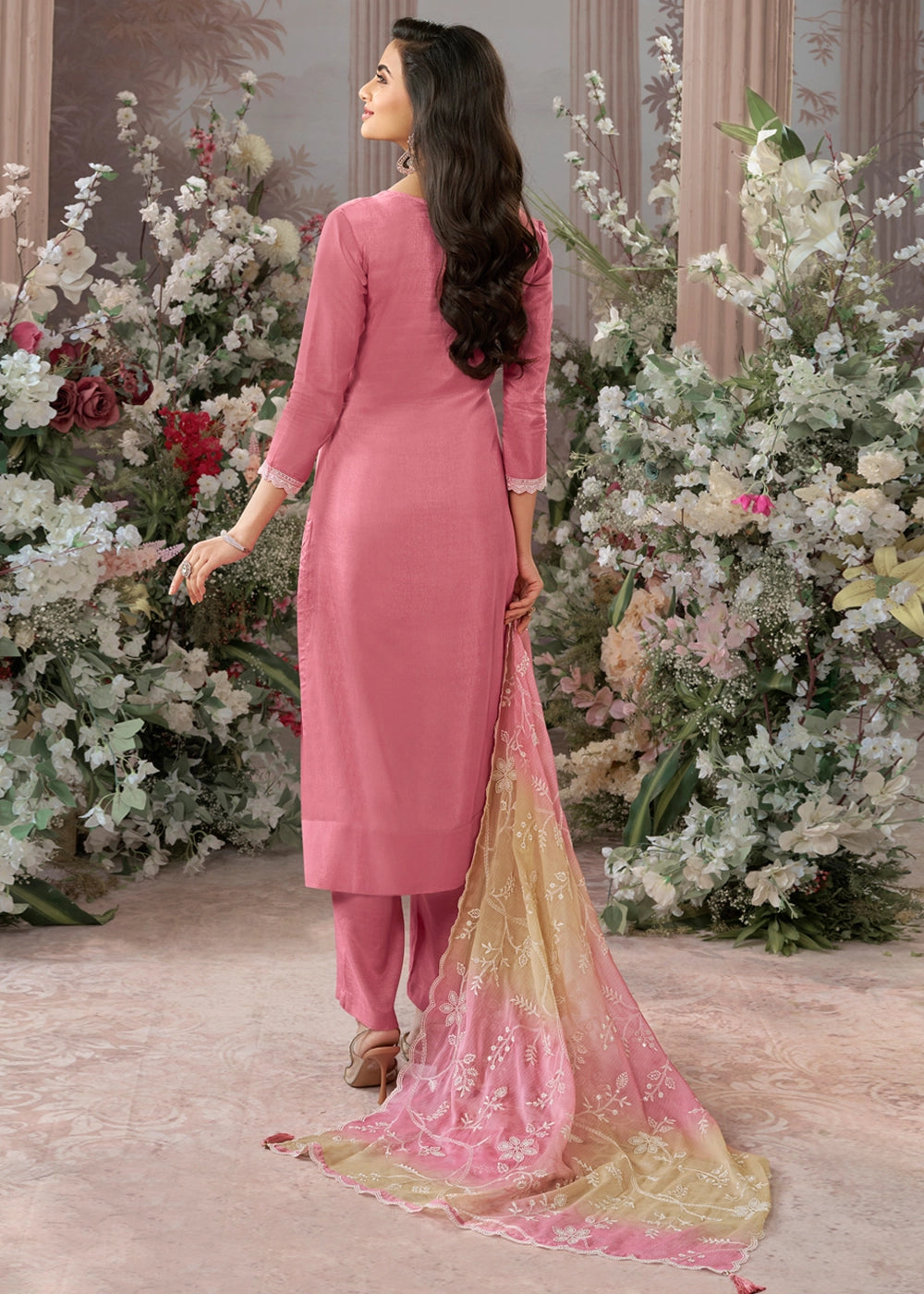 Vivid Pink Dola Silk Straight Kurta Set with Embroidery and Butta Accents