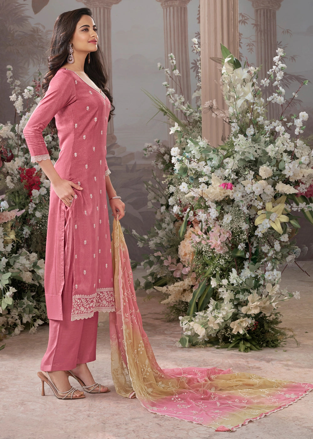 Vivid Pink Dola Silk Straight Kurta Set with Embroidery and Butta Accents