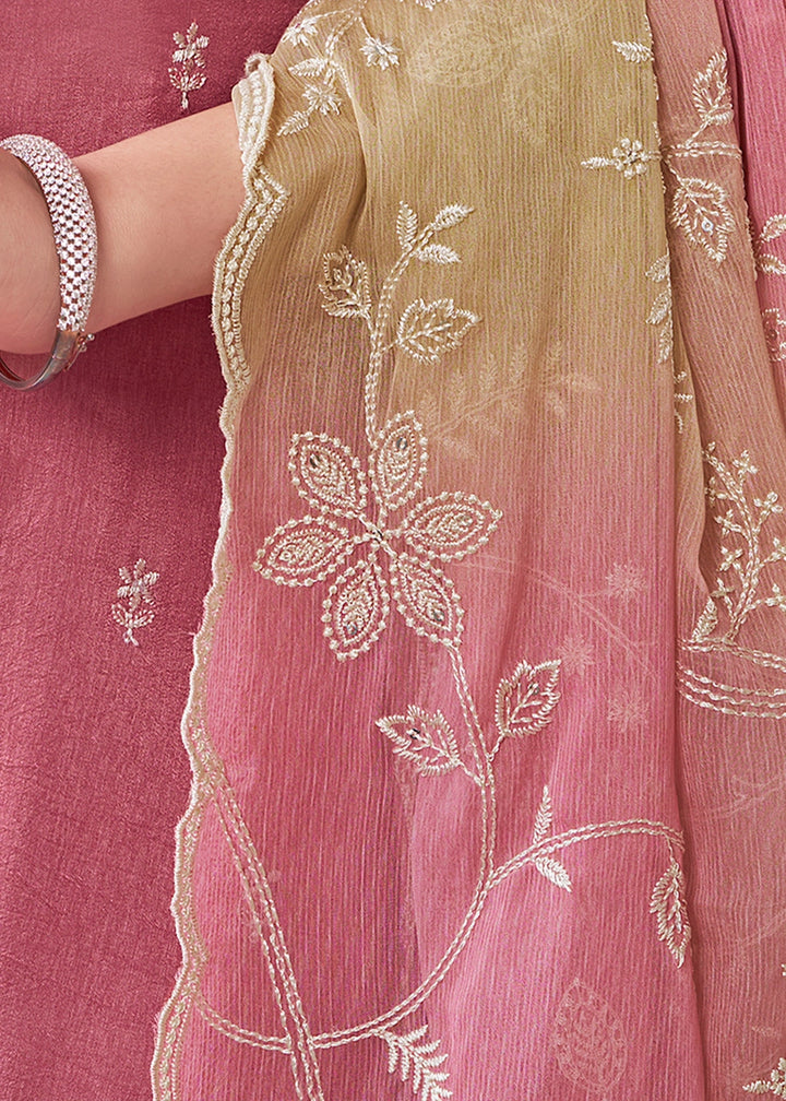 Vivid Pink Dola Silk Straight Kurta Set with Embroidery and Butta Accents