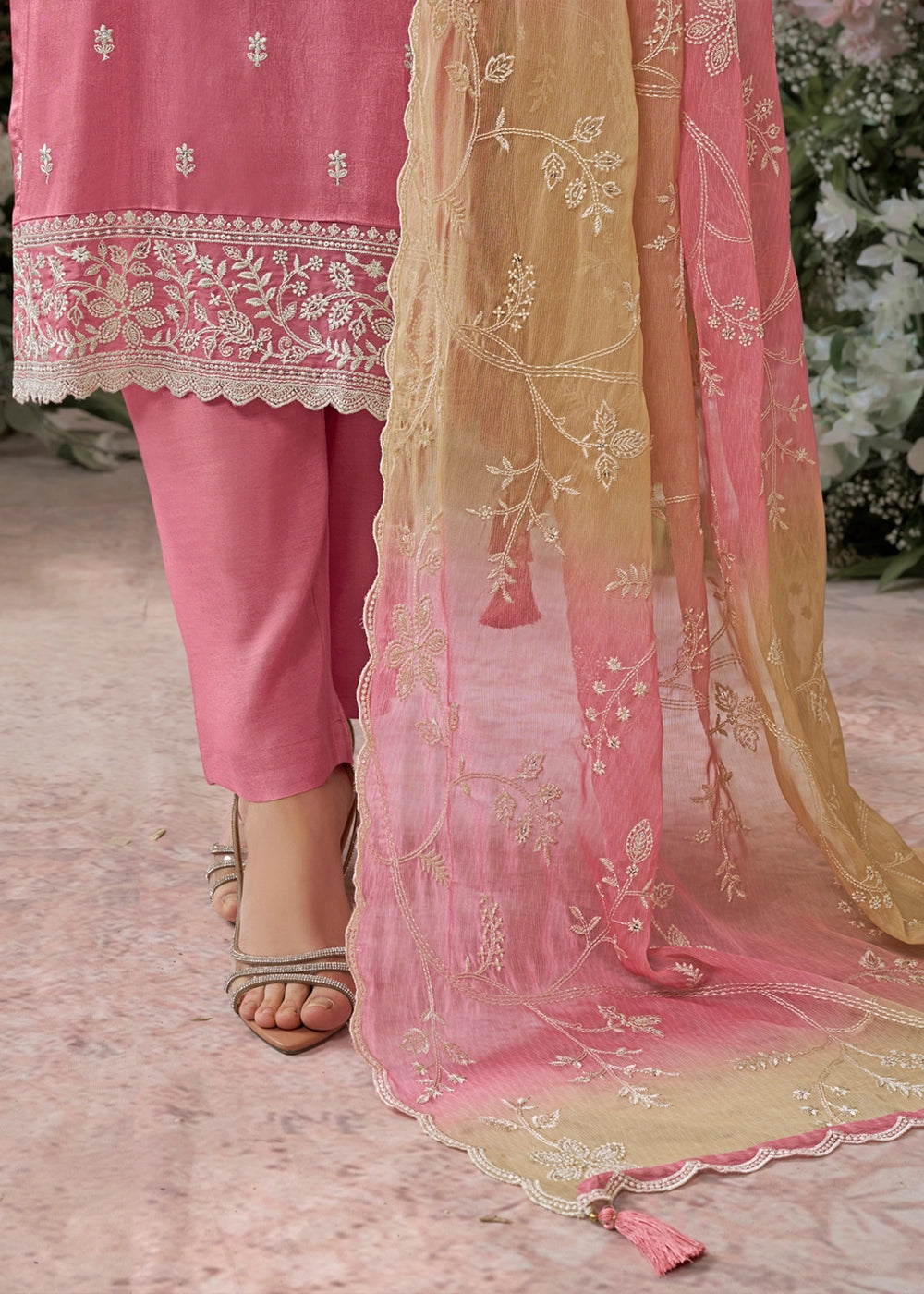 Vivid Pink Dola Silk Straight Kurta Set with Embroidery and Butta Accents