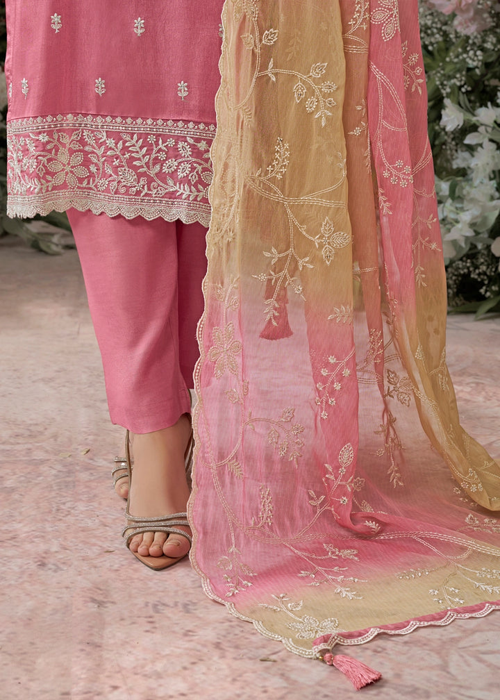 Vivid Pink Dola Silk Straight Kurta Set with Embroidery and Butta Accents