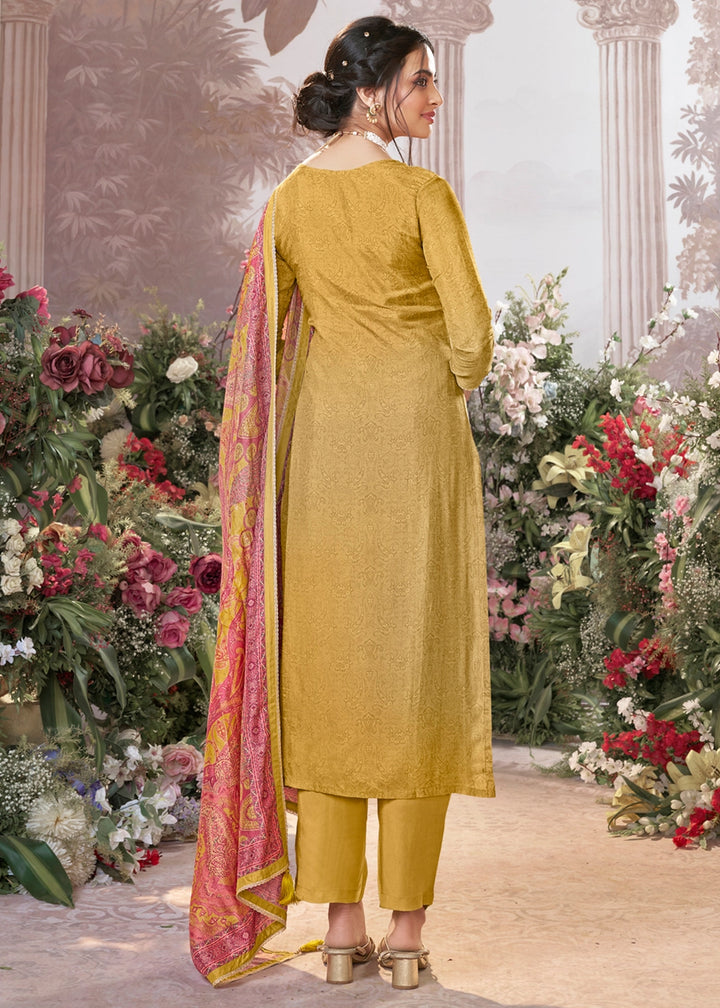 Mustard Yellow Silk Straight Kurta Set with Embroidery work