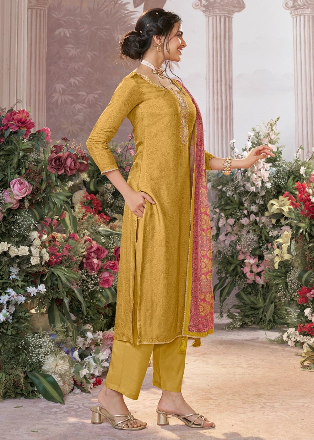 Mustard Yellow Silk Straight Kurta Set with Embroidery work