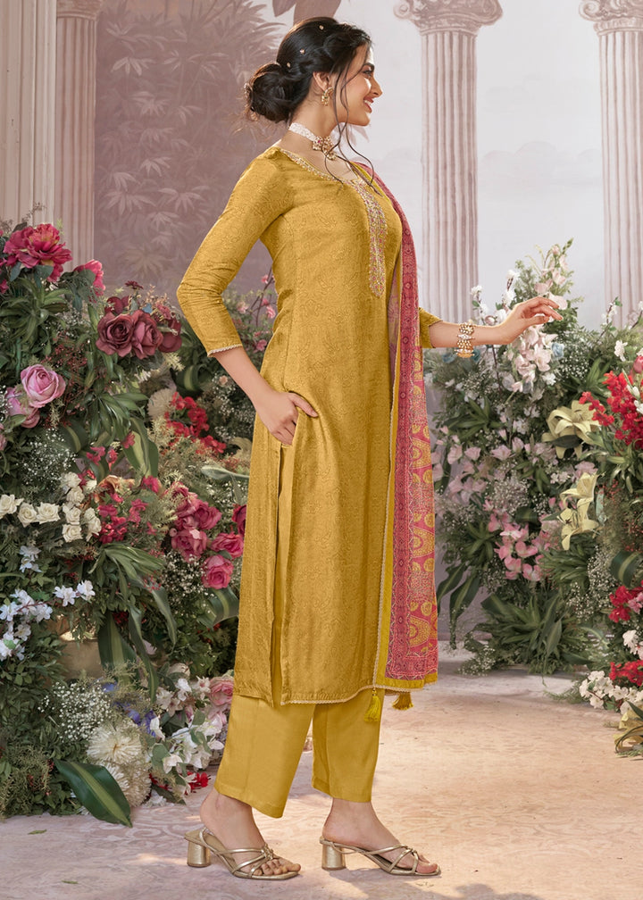 Mustard Yellow Silk Straight Kurta Set with Embroidery work