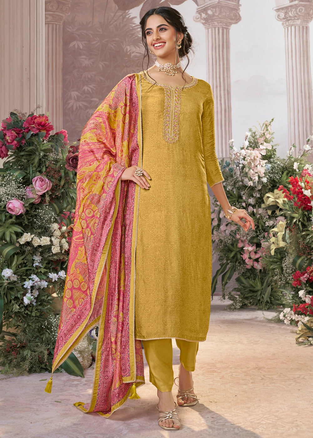 Mustard Yellow Silk Straight Kurta Set with Embroidery work