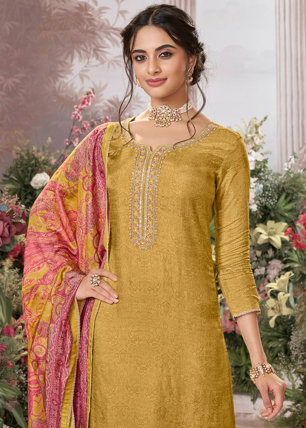 Mustard Yellow Silk Straight Kurta Set with Embroidery work