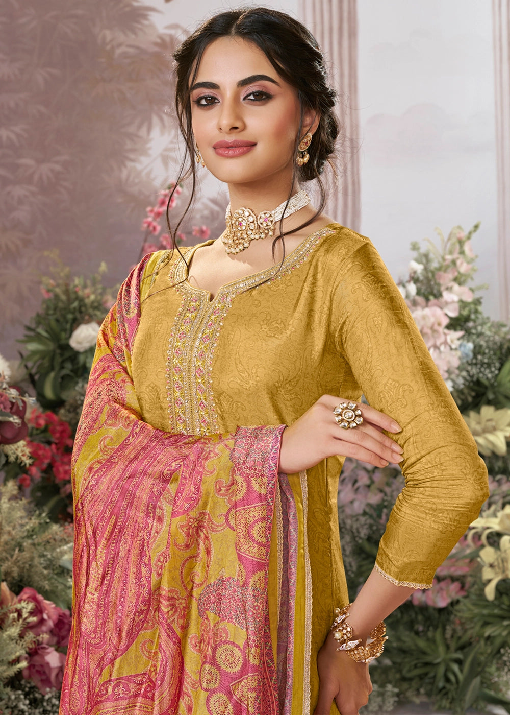 Mustard Yellow Silk Straight Kurta Set with Embroidery work