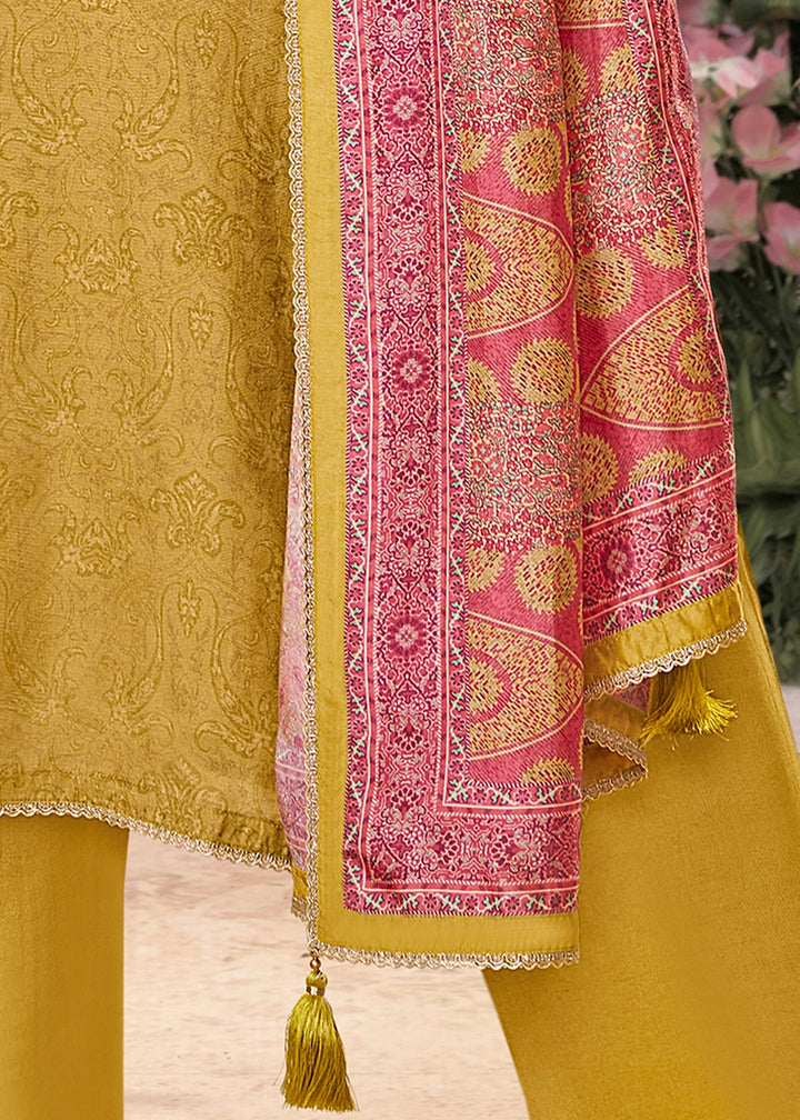Mustard Yellow Silk Straight Kurta Set with Embroidery work