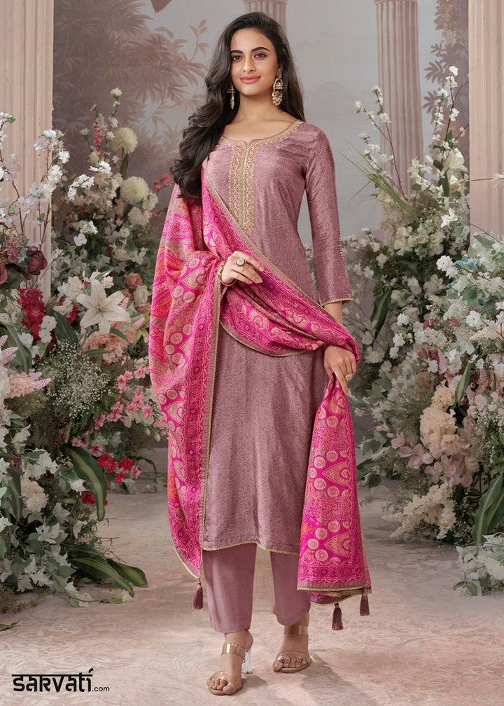Wisteria Purple Silk Straight Kurta Set with Embroidery work