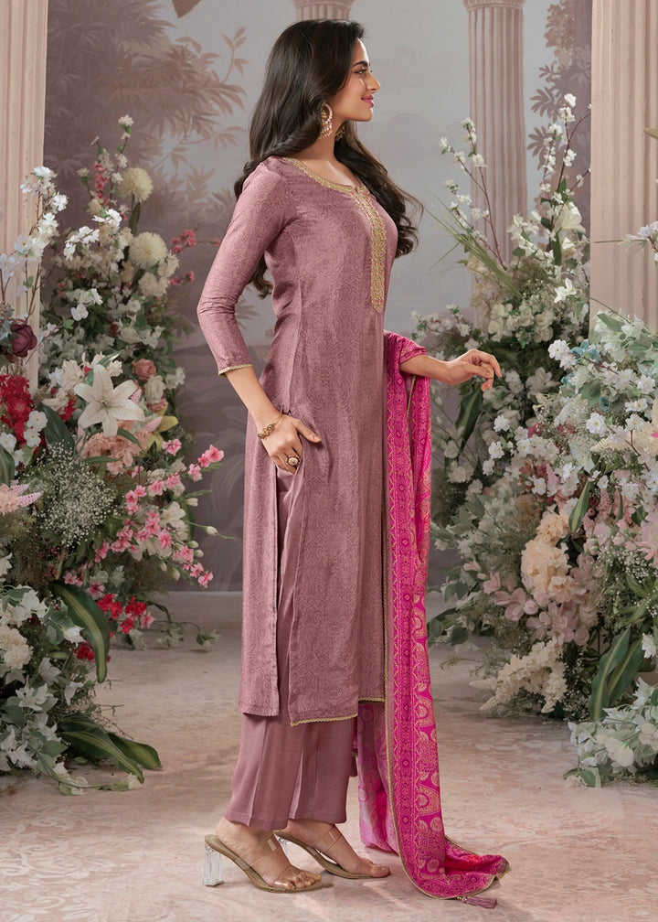 Wisteria Purple Silk Straight Kurta Set with Embroidery work