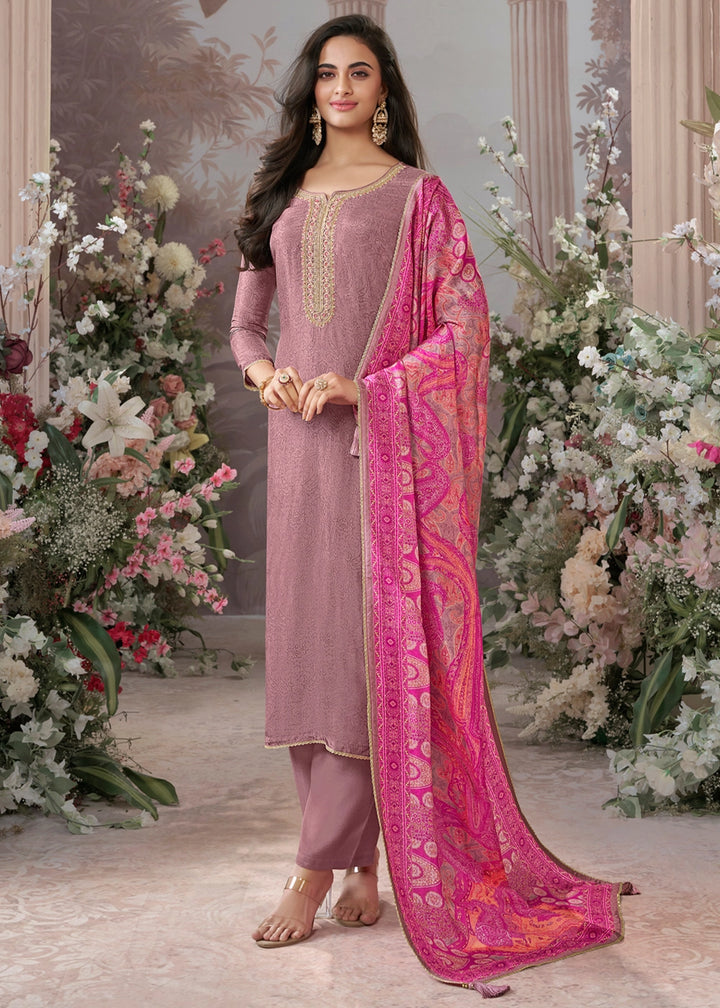 Wisteria Purple Silk Straight Kurta Set with Embroidery work