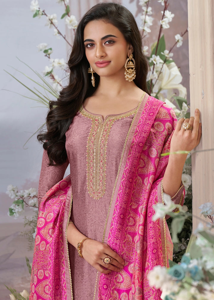 Wisteria Purple Silk Straight Kurta Set with Embroidery work