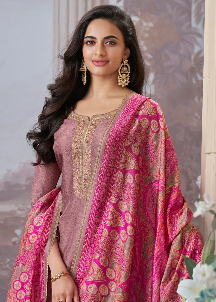 Wisteria Purple Silk Straight Kurta Set with Embroidery work