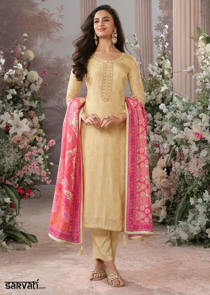 Beige Brown Silk Straight Kurta Set with Embroidery work