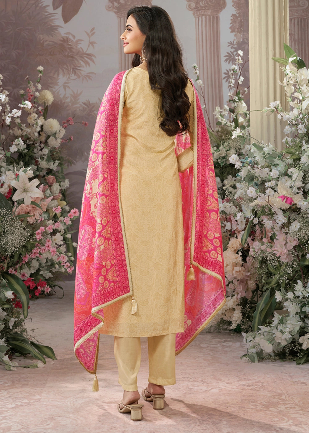 Beige Brown Silk Straight Kurta Set with Embroidery work