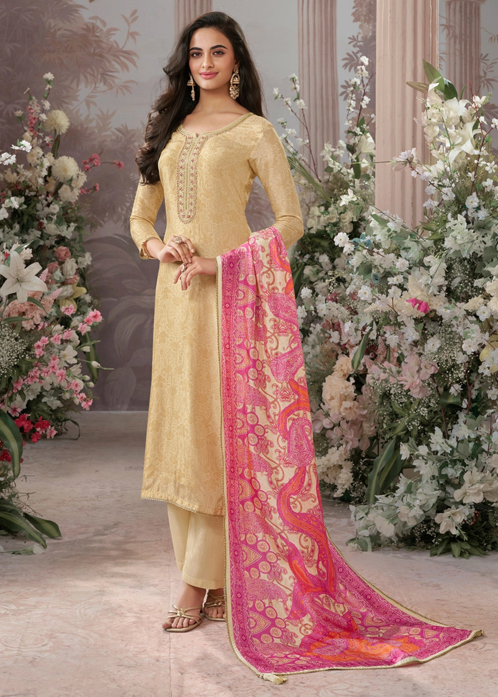 Beige Brown Silk Straight Kurta Set with Embroidery work