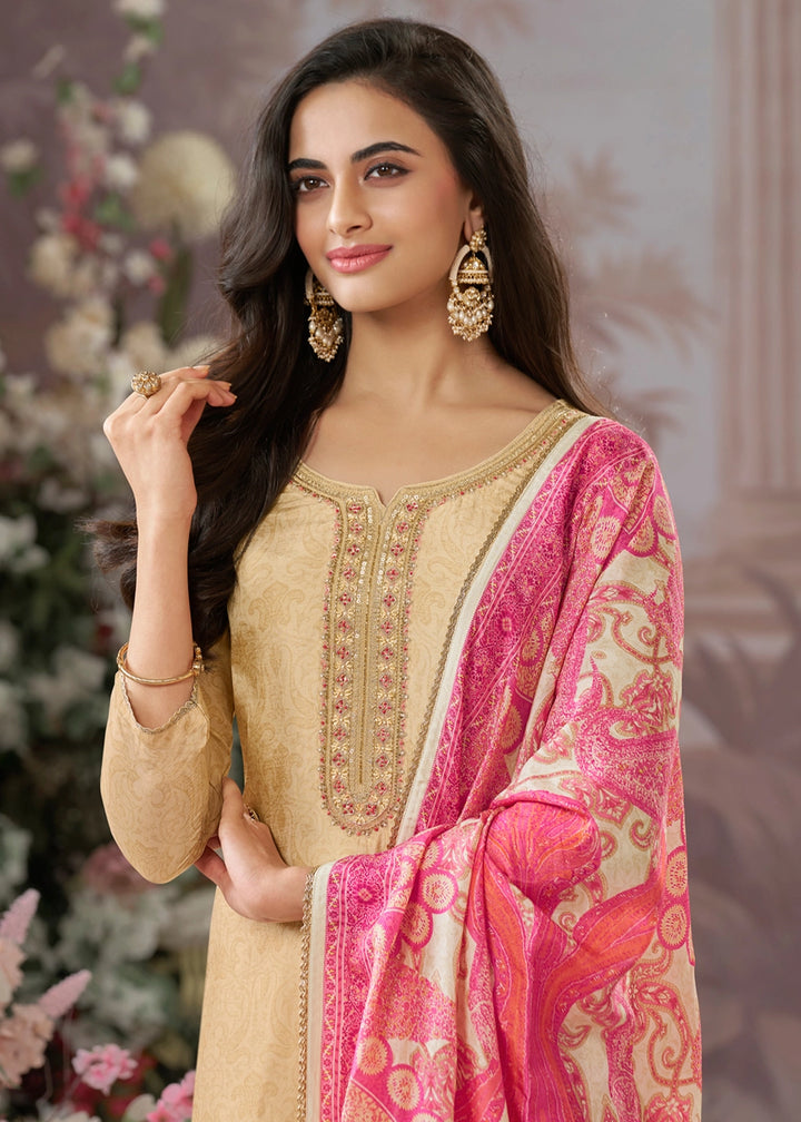 Beige Brown Silk Straight Kurta Set with Embroidery work