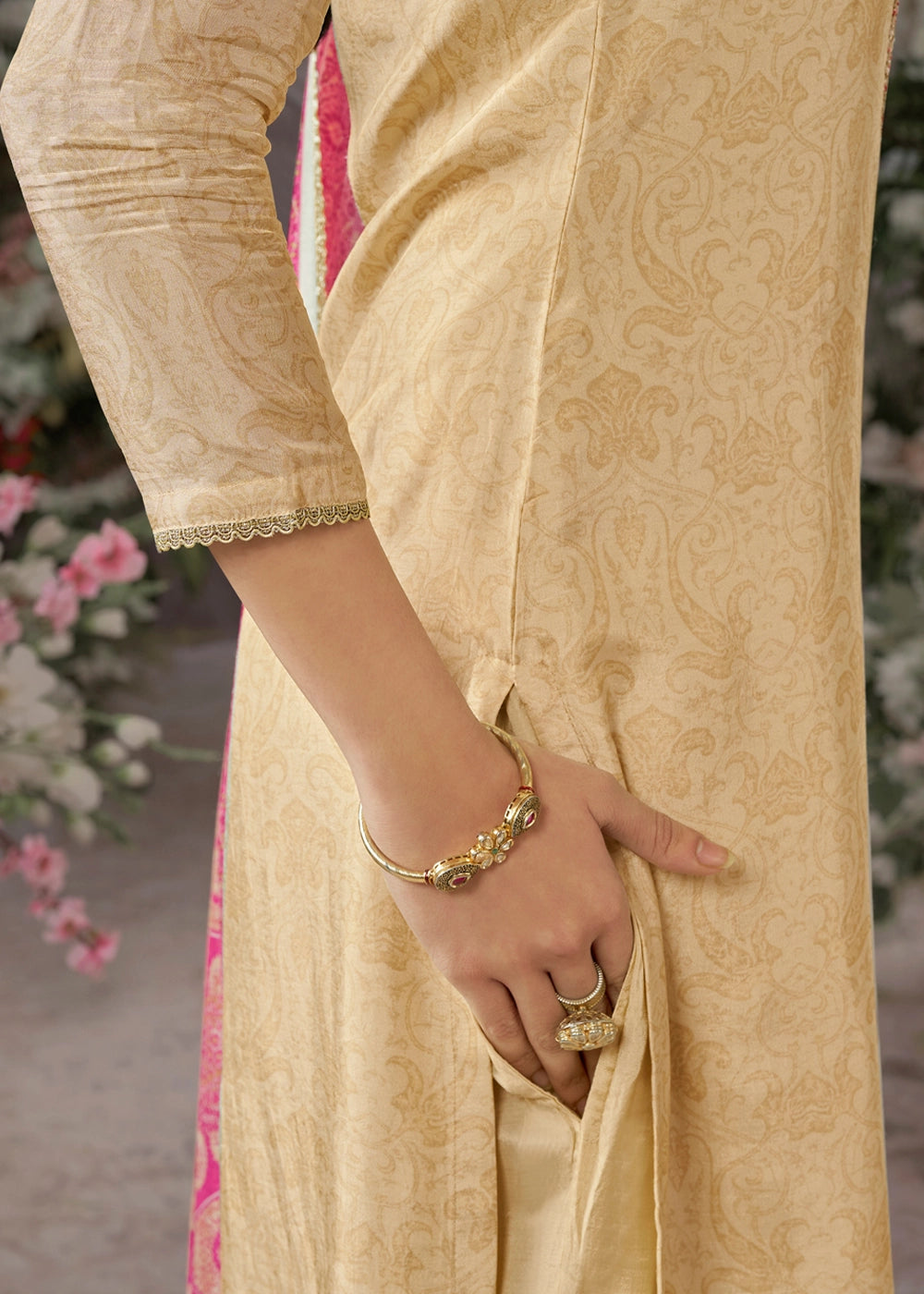 Beige Brown Silk Straight Kurta Set with Embroidery work