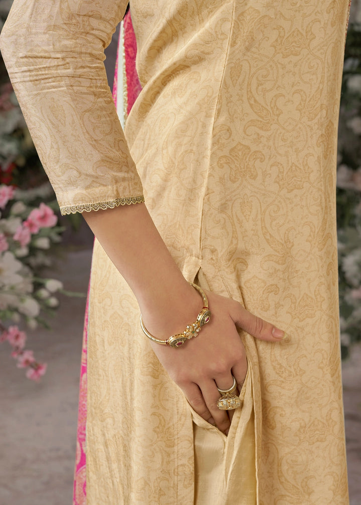 Beige Brown Silk Straight Kurta Set with Embroidery work