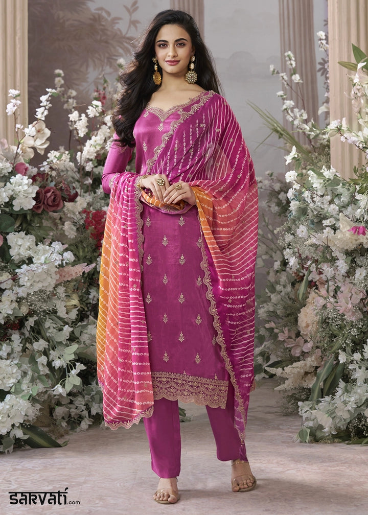 Hot Pink Dola Silk Kurta Set with Embroidered Work