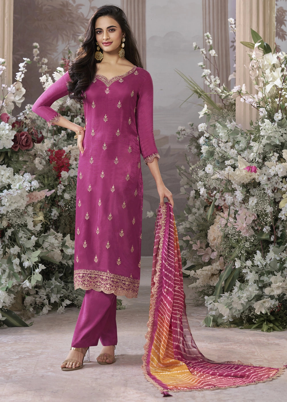 Hot Pink Dola Silk Kurta Set with Embroidered Work