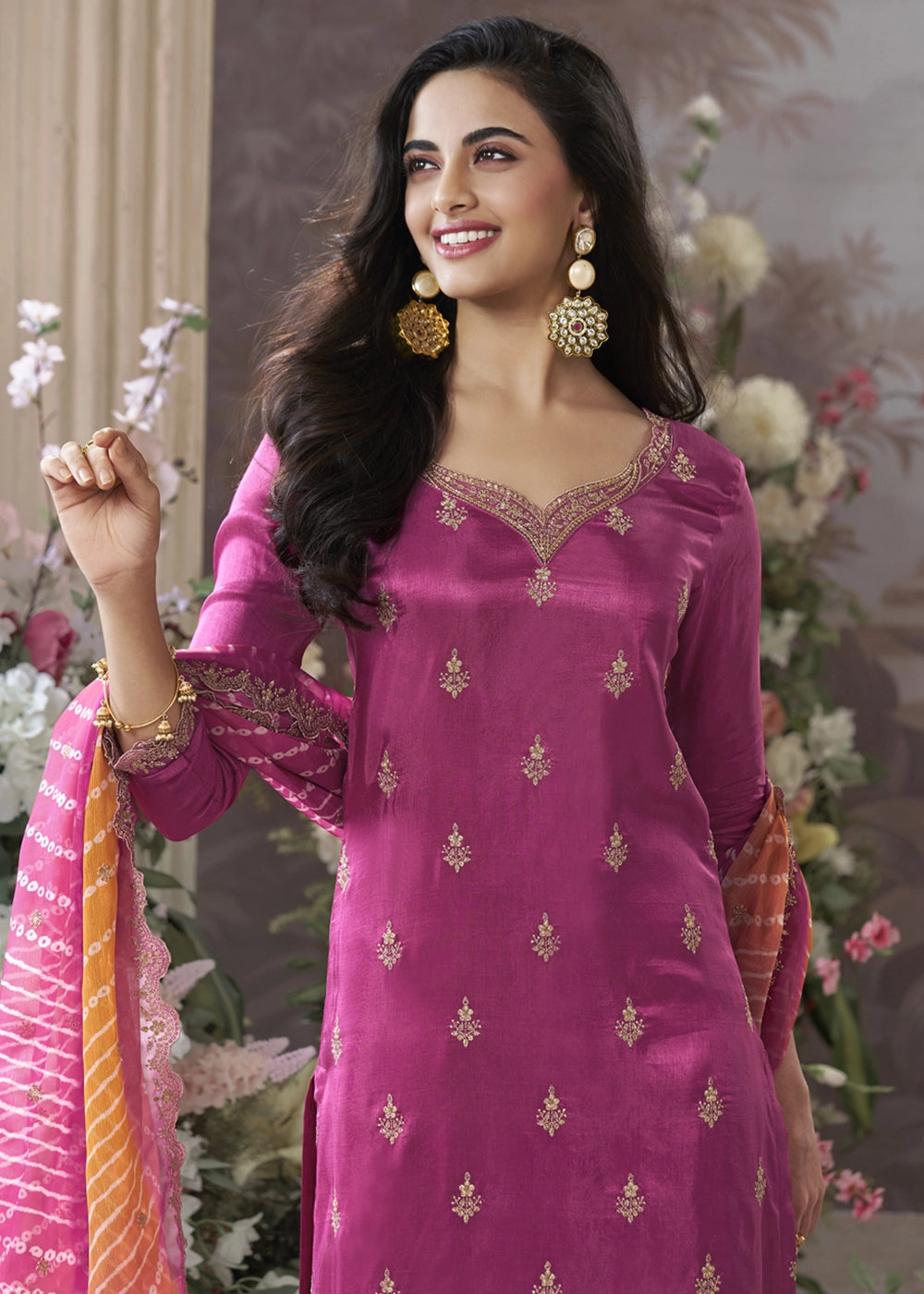 Hot Pink Dola Silk Kurta Set with Embroidered Work