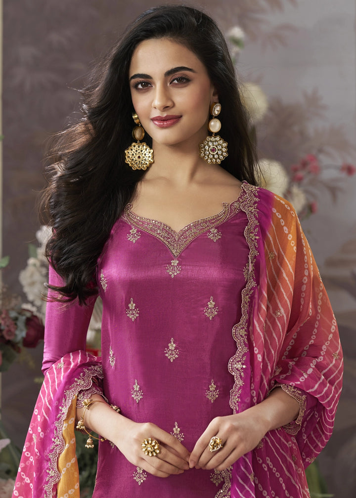 Hot Pink Dola Silk Kurta Set with Embroidered Work