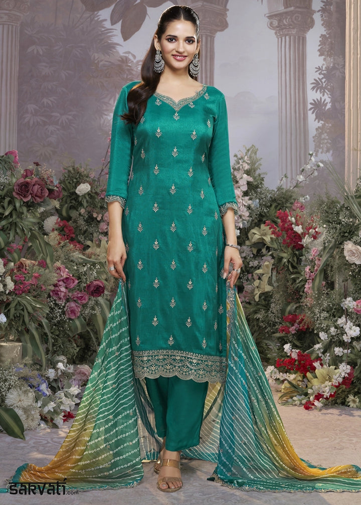 Jade Green Dola Silk Kurta Set with Embroidered Work
