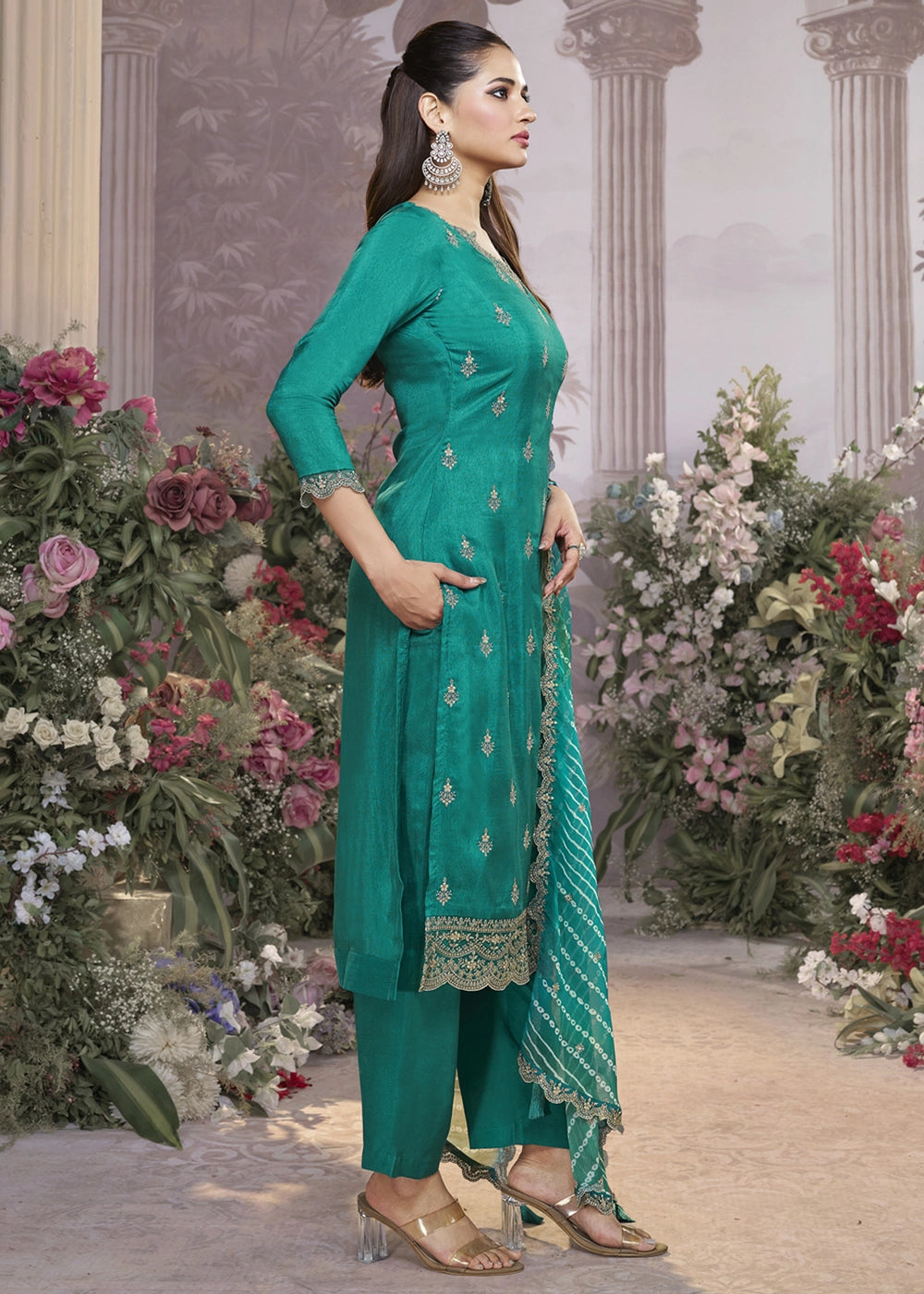 Jade Green Dola Silk Kurta Set with Embroidered Work