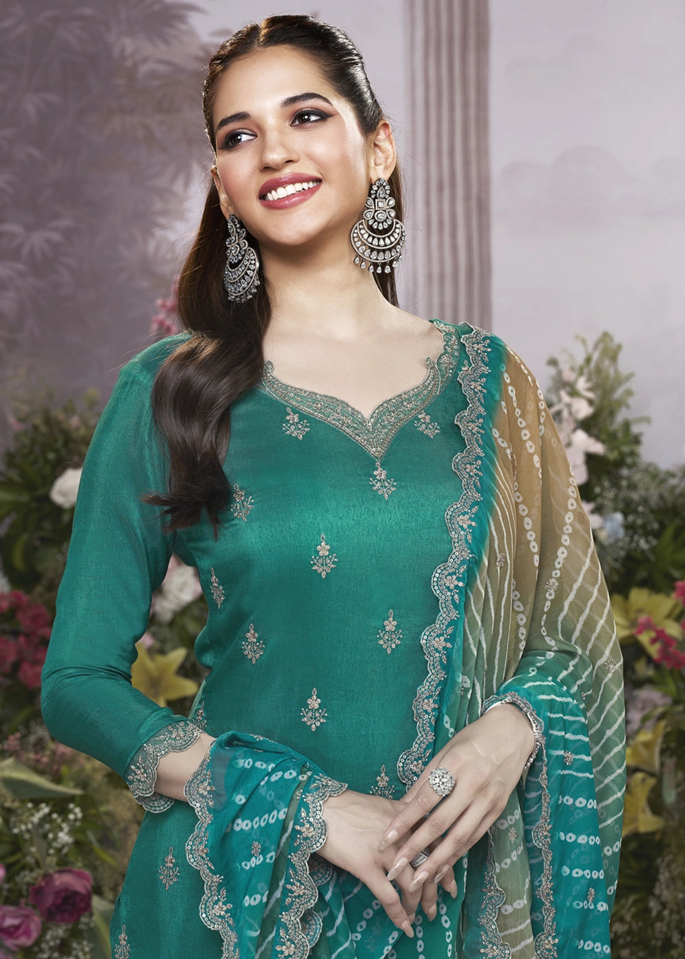 Jade Green Dola Silk Kurta Set with Embroidered Work