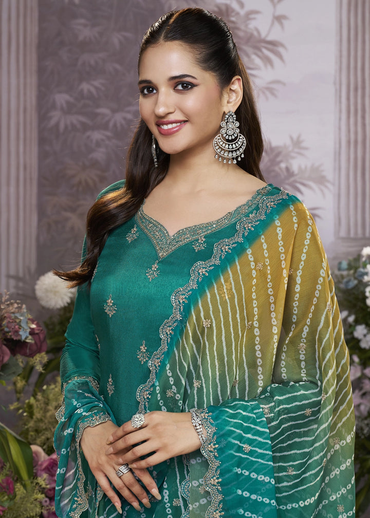 Jade Green Dola Silk Kurta Set with Embroidered Work