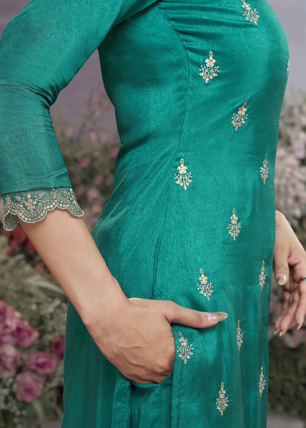 Jade Green Dola Silk Kurta Set with Embroidered Work