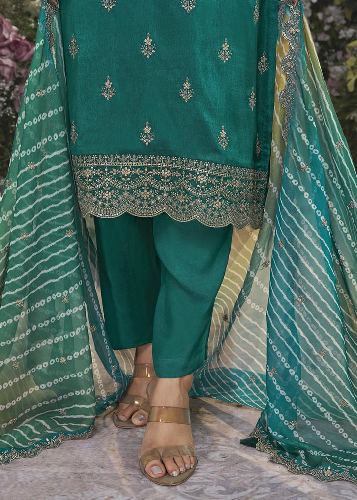 Jade Green Dola Silk Kurta Set with Embroidered Work