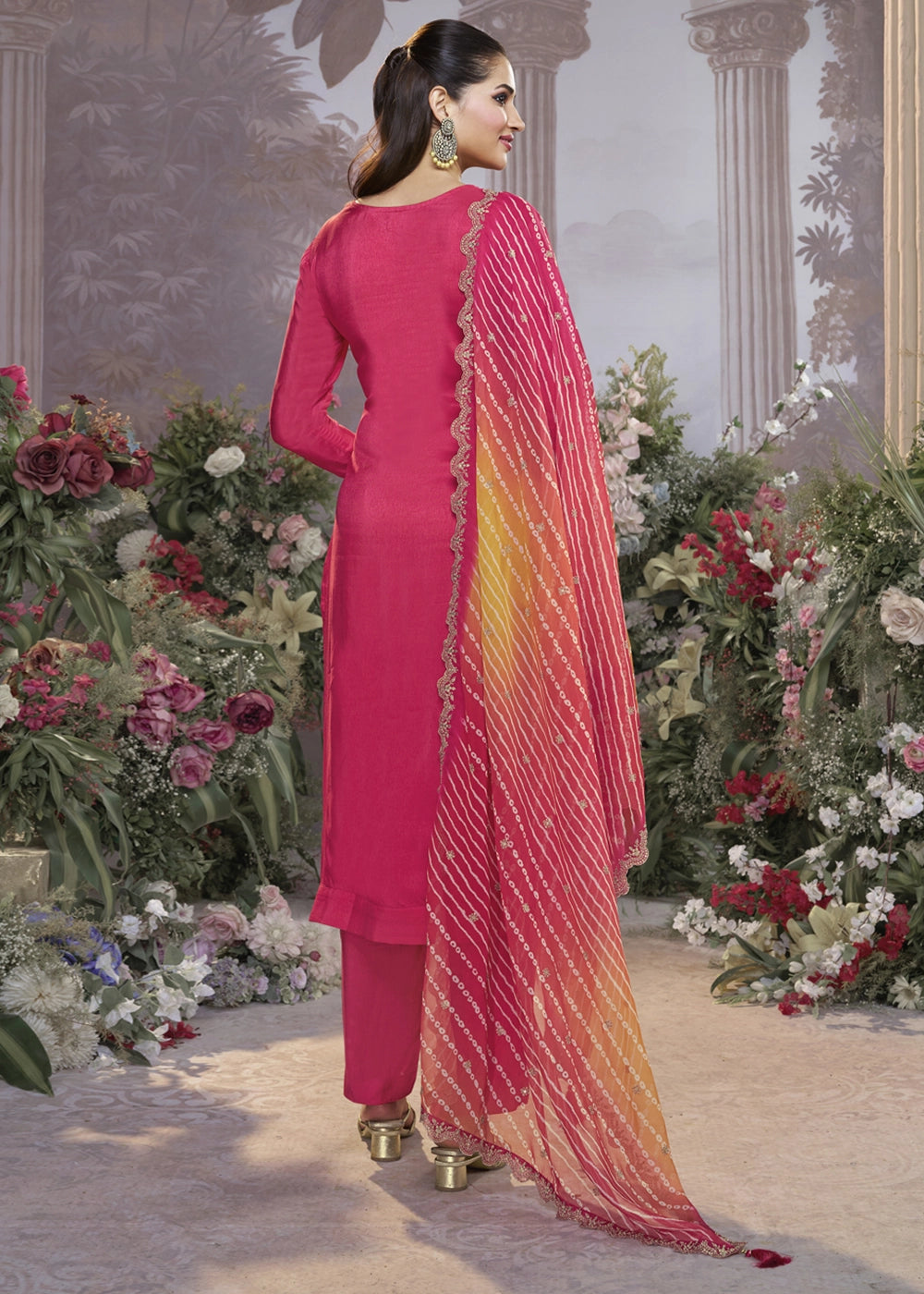 Peony Pink Dola Silk Kurta Set with Embroidered Work