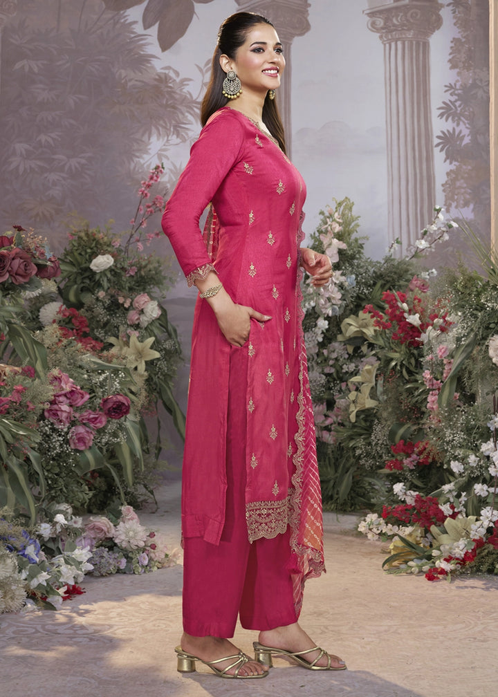 Peony Pink Dola Silk Kurta Set with Embroidered Work