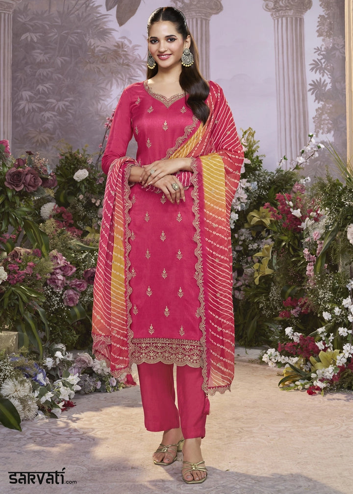 Peony Pink Dola Silk Kurta Set with Embroidered Work