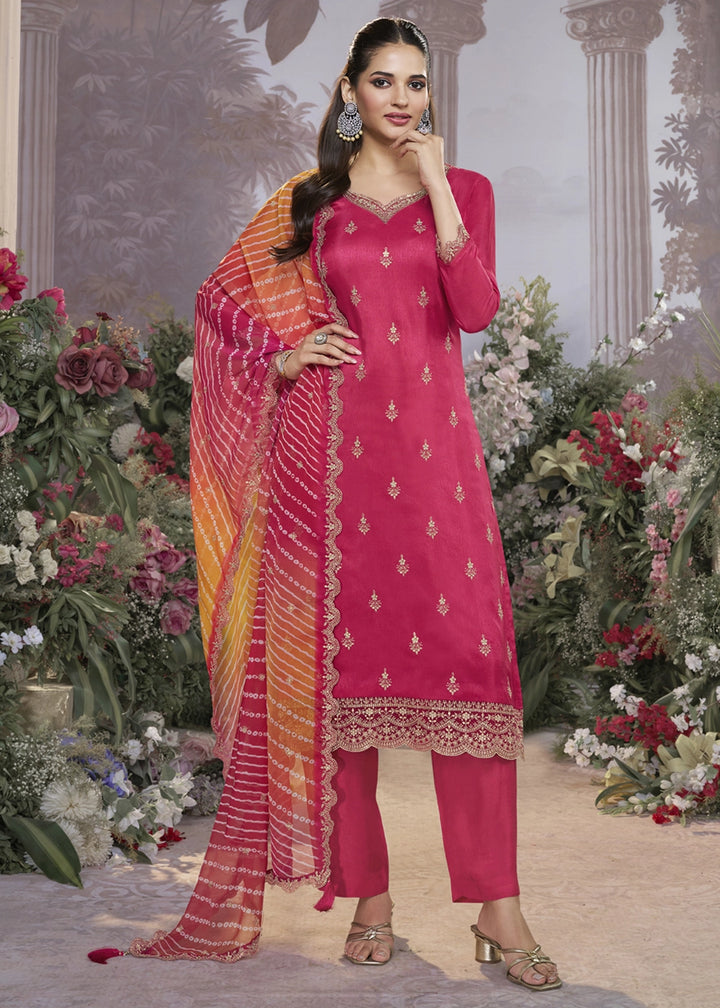 Peony Pink Dola Silk Kurta Set with Embroidered Work