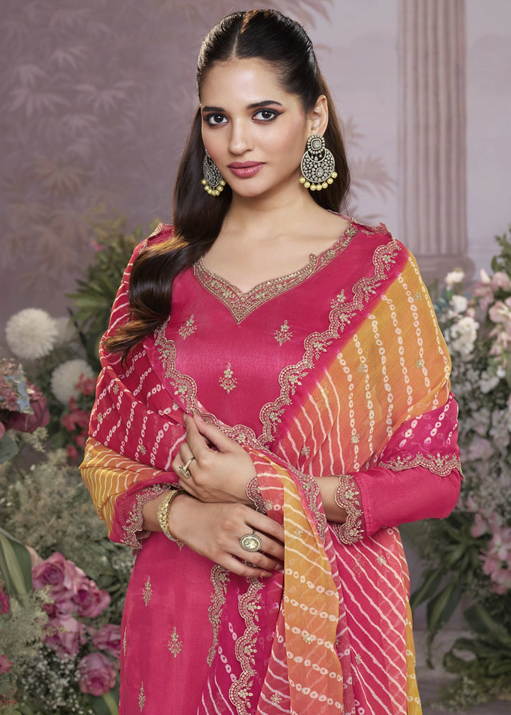 Peony Pink Dola Silk Kurta Set with Embroidered Work