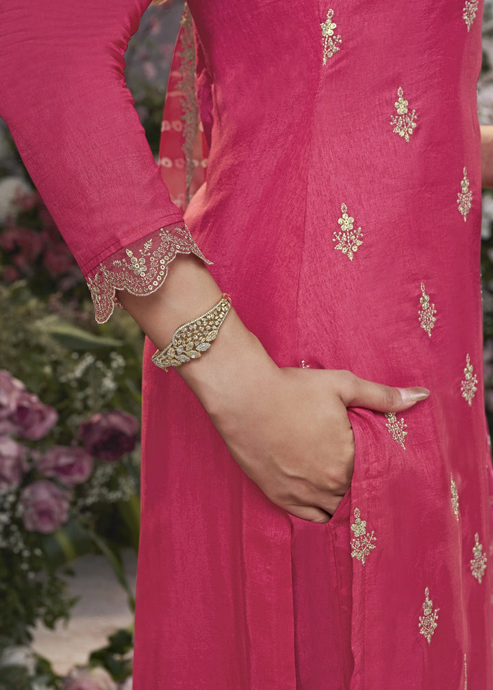 Peony Pink Dola Silk Kurta Set with Embroidered Work