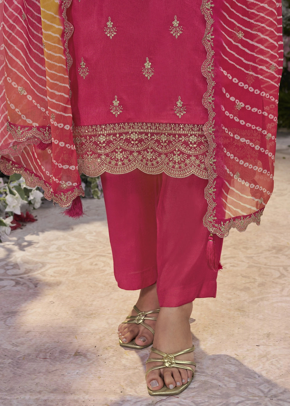 Peony Pink Dola Silk Kurta Set with Embroidered Work