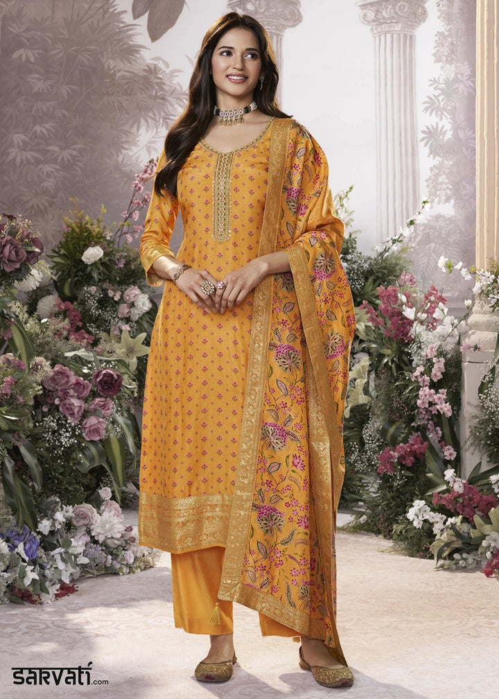 Chrome Yellow Silk Kurta Set with Digital Print and Elegant Embroidery