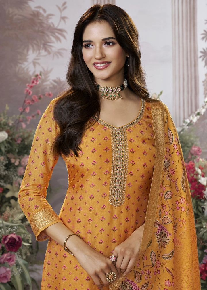 Chrome Yellow Silk Kurta Set with Digital Print and Elegant Embroidery