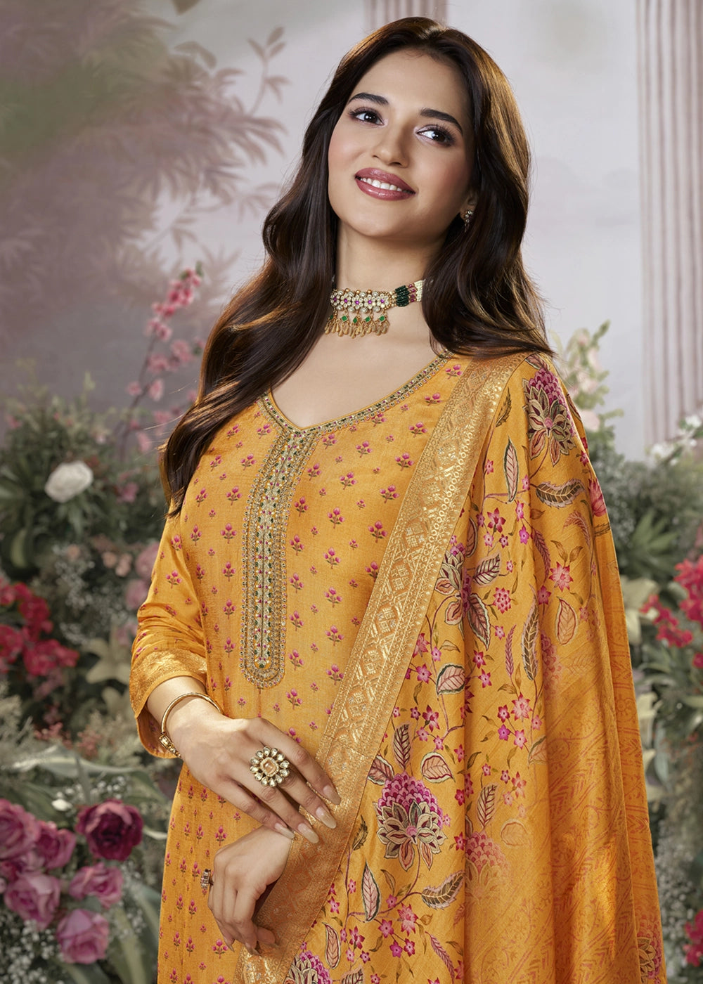Chrome Yellow Silk Kurta Set with Digital Print and Elegant Embroidery
