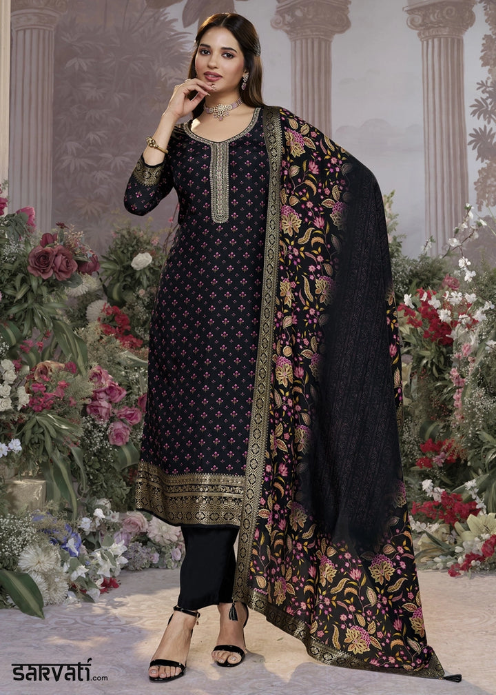 Midnight Black Silk Kurta Set with Digital Print and Elegant Embroidery