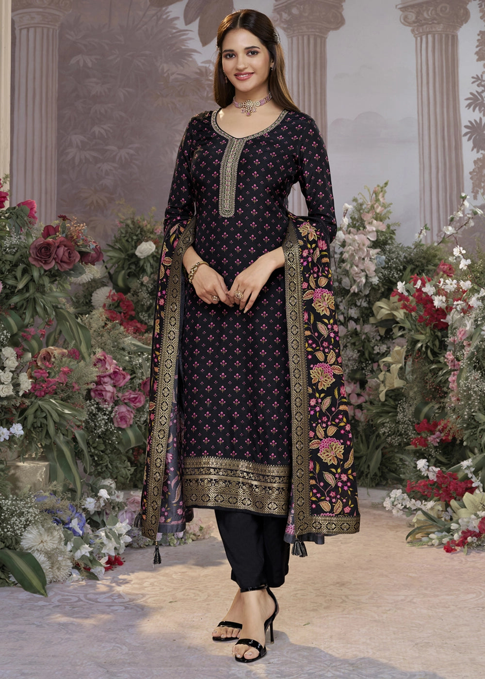 Midnight Black Silk Kurta Set with Digital Print and Elegant Embroidery