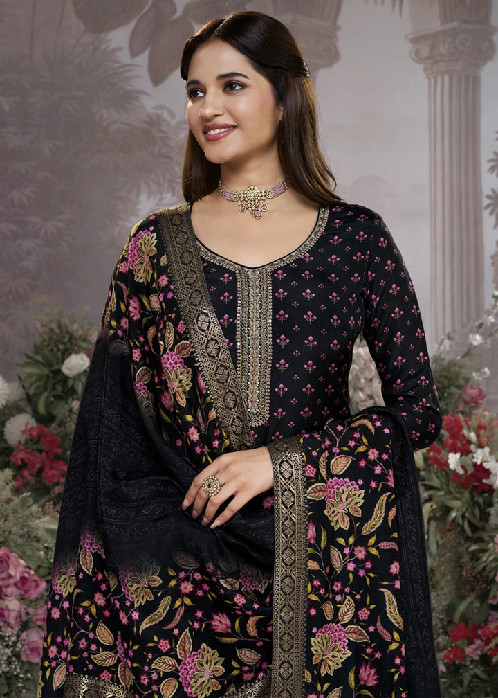 Midnight Black Silk Kurta Set with Digital Print and Elegant Embroidery