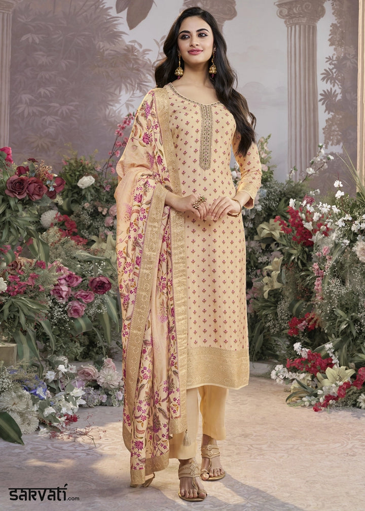 Beige Brown Silk Kurta Set with Digital Print and Elegant Embroidery