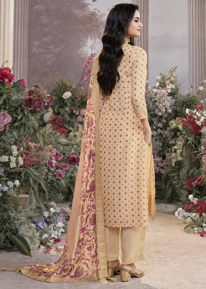 Beige Brown Silk Kurta Set with Digital Print and Elegant Embroidery