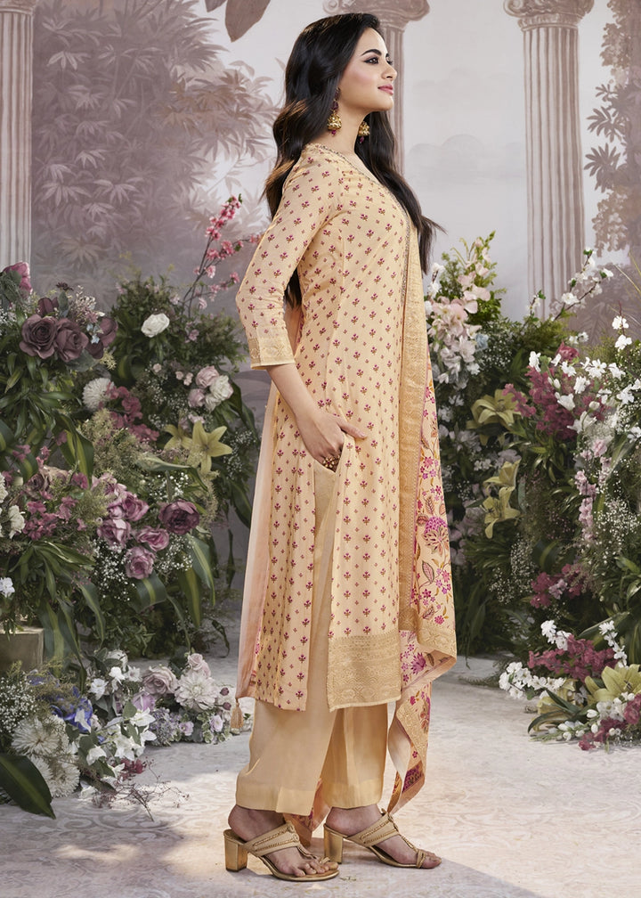 Beige Brown Silk Kurta Set with Digital Print and Elegant Embroidery