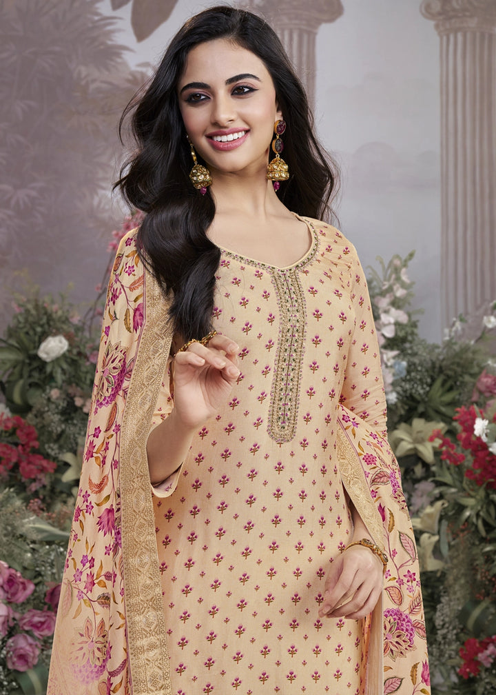 Beige Brown Silk Kurta Set with Digital Print and Elegant Embroidery